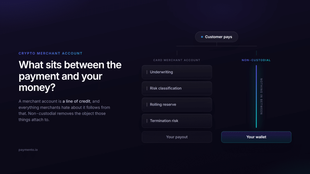 Two payment paths from a single customer payment. The card merchant account path passes through underwriting, risk classification, rolling reserve and termination risk before reaching a payout. The non-custodial path is a single direct line to the merchant's own wallet.